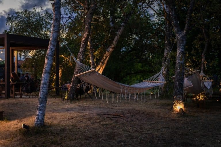 Best exterior landscape lighting electrician in Stuart Florida a Hammock Hanging Between Two Trees With Lighting
