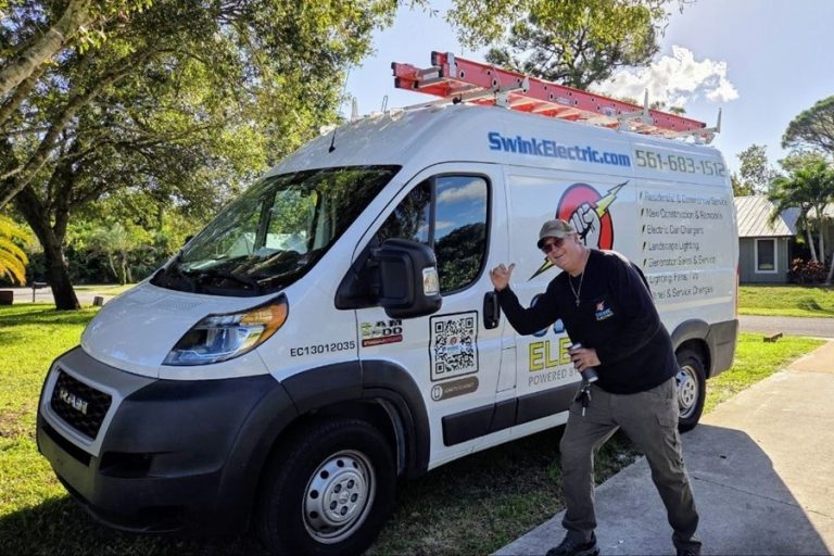 Electrician Jobs in Boynton Beach Florida a Swink Electrician Standing Next to a Swink Electric Company Van
