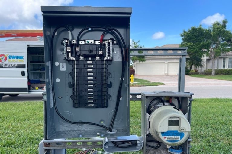 Electrician Jobs in Palm Beach Gardens Florida an Electrical Panel with a Swink Van in the Background